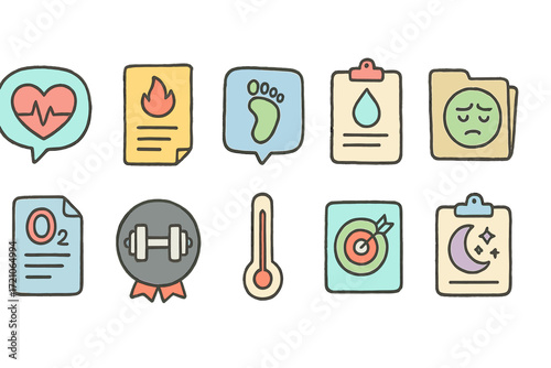 Health and wellness flat icon set. fitness, nutrition, mental health icons collection.