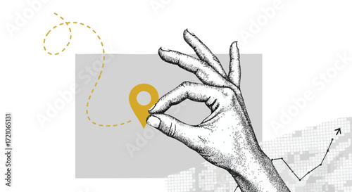 A hand with a pin marking a location on a map, symbolizing navigation and planning.
