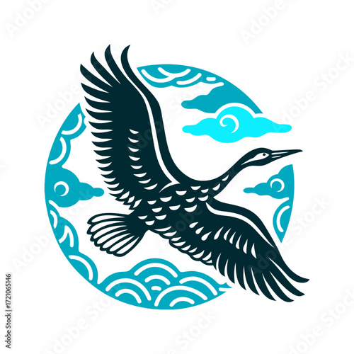Crane Flying with Clouds, Asian Style Vector Bird flying crane with outstretched wings messenger of souls Siberian Spirit