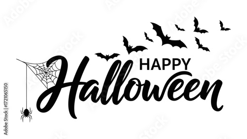 Spooky Halloween Greeting: Festive illustration featuring a Happy Halloween message in a bold font, complemented by bats and spider web for a chilling festive vibe.