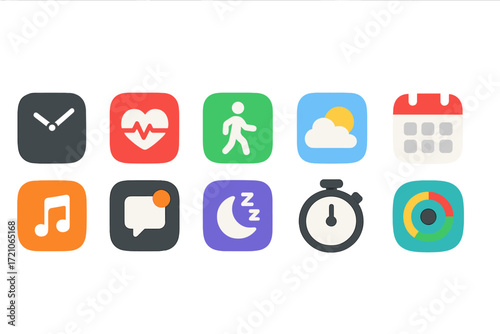 Health and fitness flat icon set. wellness, exercise, nutrition icons flat collection