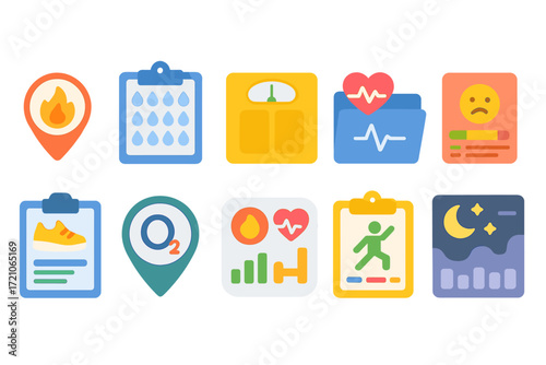 Health and fitness flat icon set. exercise, wellness, diet, medical icons collection