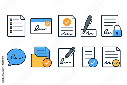 Document management outline icon set. digital, security, signature icons collection.