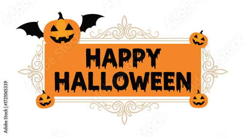 Happy Halloween Celebration: An illustrated Happy Halloween greeting card, featuring grinning jack-o'-lanterns and bat, ready to bring the Halloween joy. 