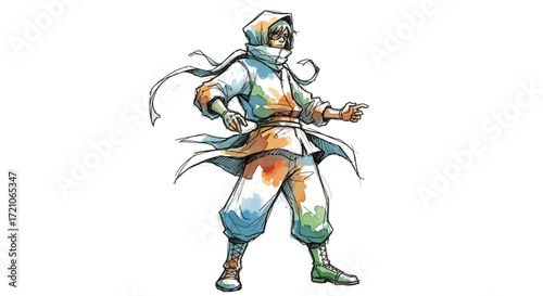 Mysterious hooded character with dynamic pose, perfect for fantasy game art, graphic novels, or concept designs, evoking intrigue and adventure