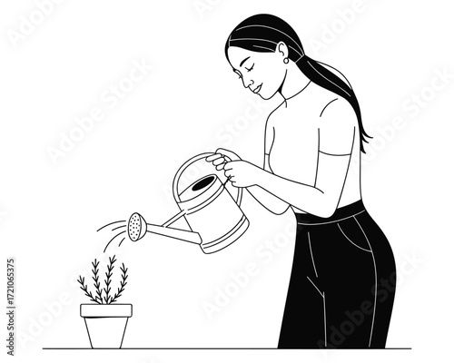 Woman tending to a potted plant A black and white line art illustration