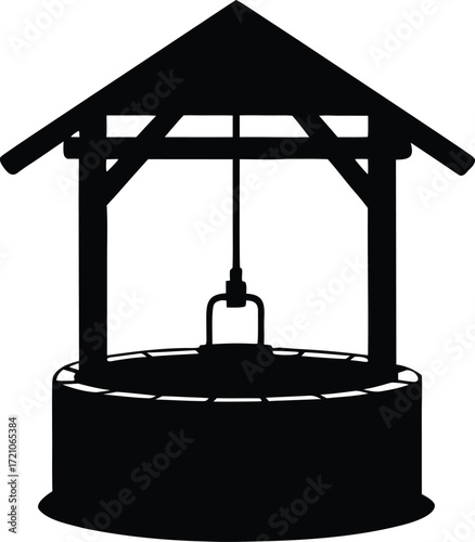 vintage well rustic bucket icon vector, countryside well symbol illustration
