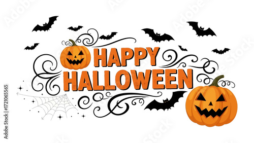 Happy Halloween Celebration: A festive Halloween greeting card showcasing grinning jack-o'-lanterns, eerie bats, and spider webs, all in a playful illustrated scene to evoke excitement.
