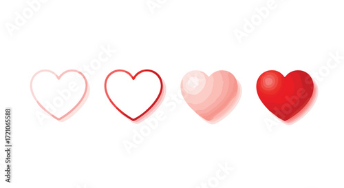 Four hearts progress from faint outline to vibrant red, symbolizing growth, love, and evolving emotions in a clean, modern design