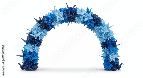 Stunning blue origami crane archway on white, perfect for weddings, events, or art installations seeking a modern, elegant touch with a unique artistic design