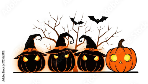 Spooky Halloween Pumpkins: An illustration of whimsical pumpkins in the spooky night with witches hat and bats. Evoking the eerie ambiance of All Hallows' Eve, featuring pumpkin lanterns.