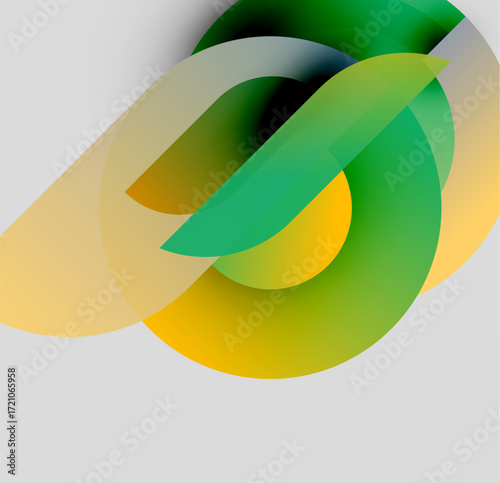 Abstract shapes overlap, creating vibrant gradients. Yellows, greens blend softly against gray background. Modern design element.