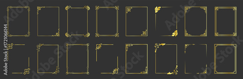 Golden ornamental label frames. Decorative vintage frames and retro borders. Wedding and museum picture ornaments. Vector set of elegant frames and design elements