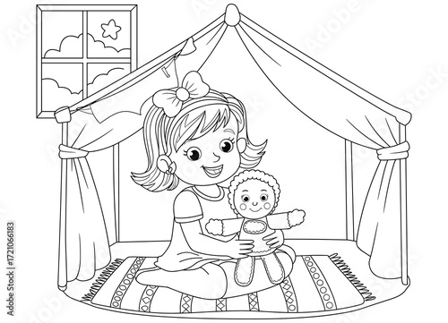 A young girl happily plays with her doll inside a tent, black and white line art illustration