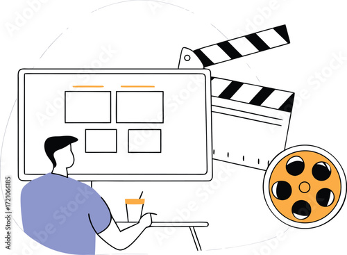 Person working on computer illustrating film production and storyboarding illustration