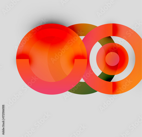 Abstract circles overlap, creating vibrant color gradients. Red, orange, green hues dominate neutral background. Modern design element.