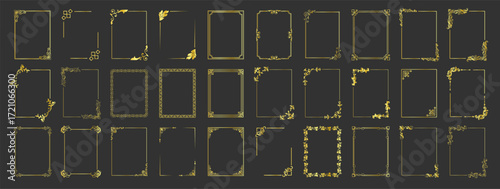 Golden ornamental label frames. Decorative vintage frames and retro borders. Wedding and museum picture ornaments. Vector set of elegant frames and design elements