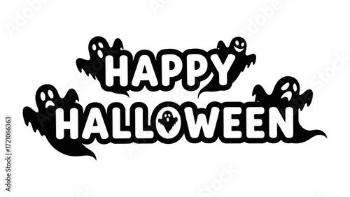 Halloween Festive Design: A spooky and festive Halloween-themed illustration, featuring ghostly apparitions and the words Happy Halloween in a playful and cheerful manner.