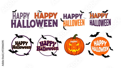 Spooky Halloween Celebration: A collection of festive Halloween graphics showcasing Happy Halloween messages, spooky bats, and a grinning pumpkin, embodying the essence of the autumn holiday season.