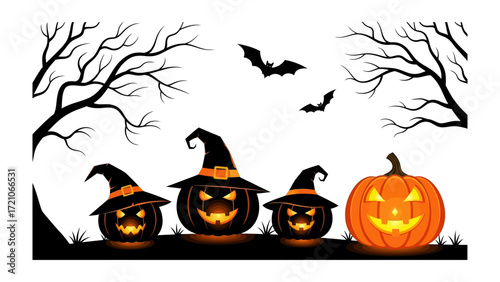 Halloween's Festive Night: A whimsical assortment of jack-o'-lanterns, each radiating a unique spooky glow, alongside silhouettes of bare branches and bats, evoke the eerie excitement of Halloween. 