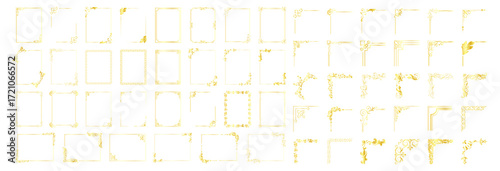 Decorative gold corner frames set. Vintage ornamental borders and elegant design elements for wedding or invitation. Vector collection on transparent background