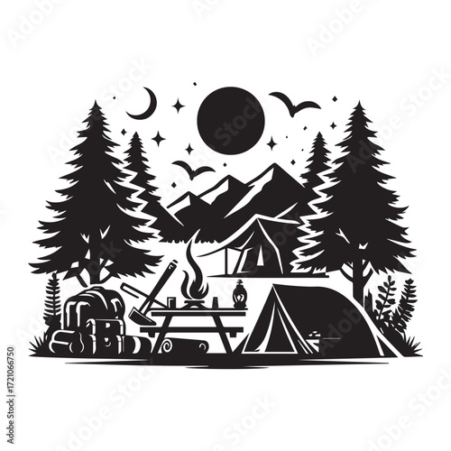 Nighttime camping scene with tents, a campfire, and celestial bodies in a mountainous forest moon