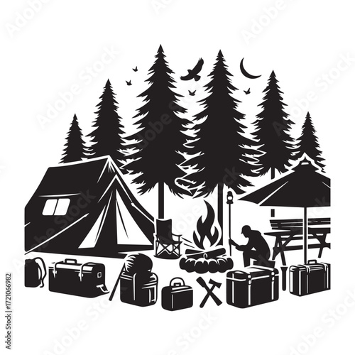 Silhouette camping scene with tent campfire and gear under pine trees and crescent moon nature