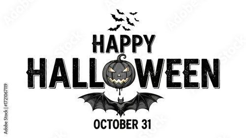 Spooky Season Greetings: A digitally crafted Happy Halloween graphic design with a carved pumpkin, bat silhouettes and October 31 date. conveying the eerie charm of All Hallows' Eve.