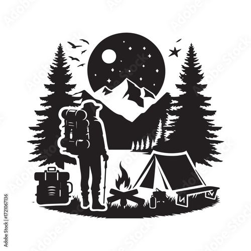 Silhouette of a backpacker standing by a campfire and tent under a starry night sky with mountains