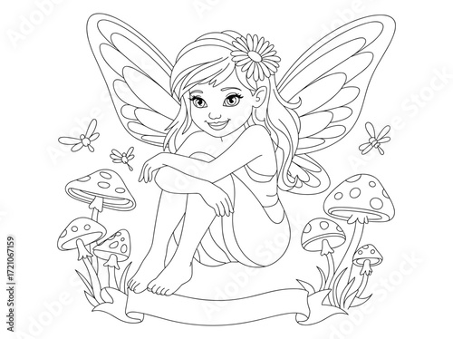 Cute fairy sitting among mushrooms in a magical forest, a black and white coloring page illustration