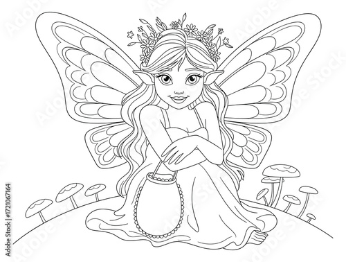 Enchanting Fairy in a Mushroom Garden A Whimsical Line Art Illustration