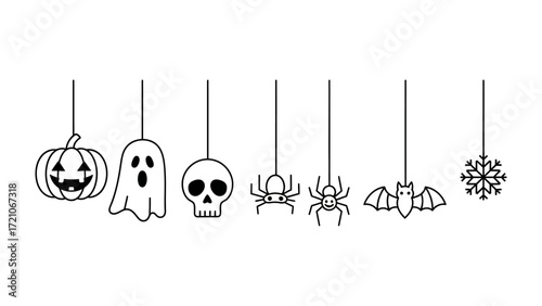 Spooky Hanging Ornaments: An array of minimalistic and outlined Halloween-themed hanging decorations against a stark, simple background, perfectly suited for seasonal themes or conveying spookiness.