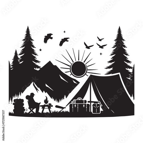 Silhouette of a camper by a campfire with a tent, mountains, and a radiant sun in a wilderness setting