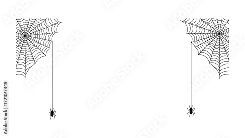 Spiderweb Silhouette: A minimalist, grayscale depiction of two spiderwebs, each elegantly strung in a corner, with a spider hanging precariously below.