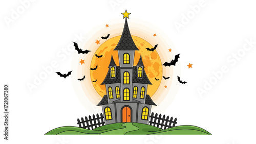 Spooky House Halloween Illustration: A ghoulish silhouette against the night sky, this illustration captures the eerie essence of the Halloween season, setting a stage for trick-or-treating.