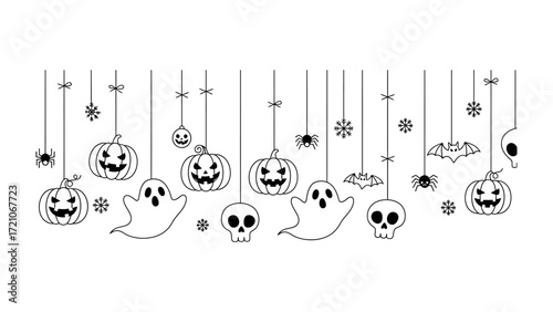 Halloween Line art: A whimsical and spooky collection of Halloween-themed illustrations, featuring grinning pumpkins, ghostly apparitions, and other eerie symbols.