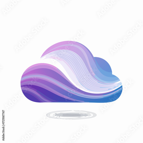 Stylized cloud icon with flowing gradient wave lines in lavender and periwinkle, right-side copy space for cloud computing ads