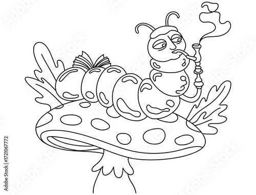 Sophisticated caterpillar character reading a book and smoking a pipe on a spotted mushroom illustration