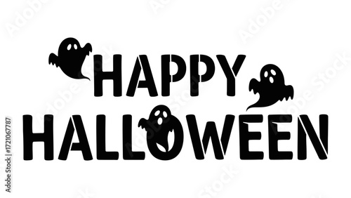 Happy Halloween Festive Imagery: Spooky text illustration of Happy Halloween, with playful ghost silhouettes dancing, evokes the eerie charm of All Hallows' Eve and joy of Halloween celebration.