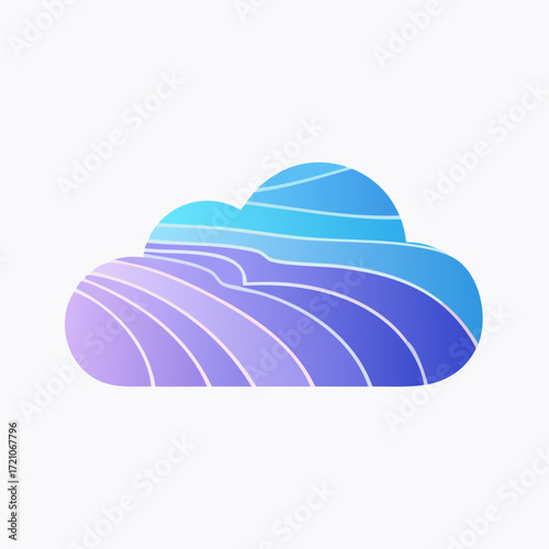 Stylized cloud icon with flowing gradient wave lines in lavender and periwinkle, right-side copy space for cloud computing ads