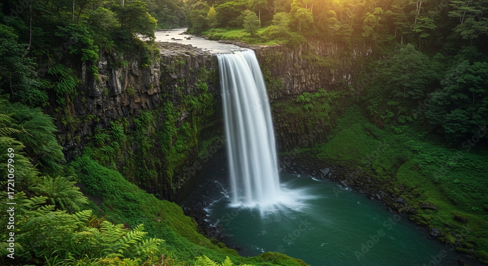 Obraz premium Majestic waterfall cascades into vibrant emerald pool amid lush green forest canopy