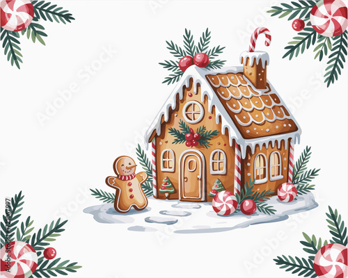 A delightful watercolor illustration of a festive Christmas gingerbread house with holiday decorations