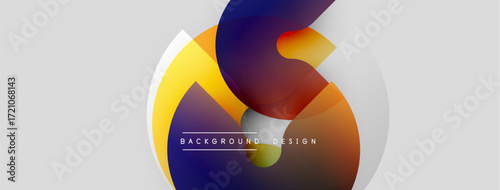 Abstract fluid shapes, vibrant colors blend. Modern design elements create dynamic composition. Background features gradients, curves, text.