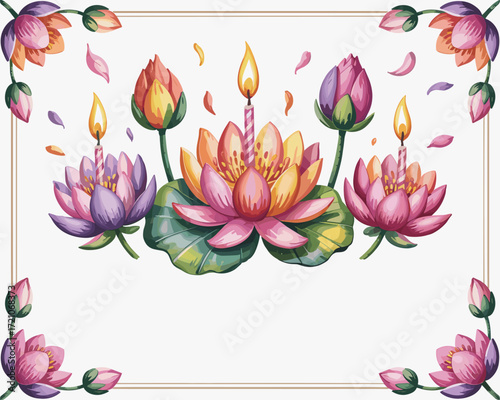 Watercolor Lotus Flowers and Candles for Vesak Day Decoration