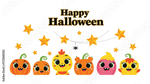 Happy Halloween: Playful and whimsical Halloween-themed illustration features a row of adorable pumpkin characters with happy expressions, all beneath the message Happy Halloween.
