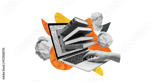 Digital learning and online education concept with books emerging from a laptop, a typing hand, and classical art elements.