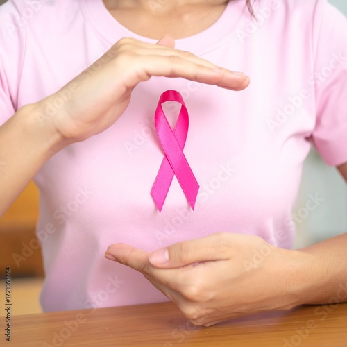 A Person using Pink T-shirt Showing a Pink Ribbon with Hands, a Symbol of Support for Breast Cancer Awareness