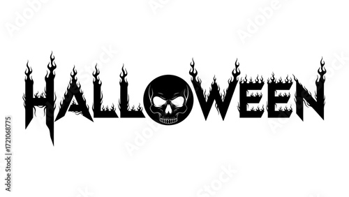 Halloween Typography: A striking black-and-white design spells out Halloween in a spooky, stylized font, enhanced with decorative elements that amplify the festive and eerie ambiance.