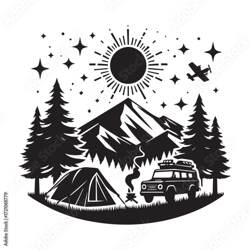 Silhouette of a campsite with a tent, SUV, campfire, and a stylized sun over mountains camping