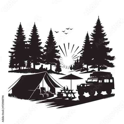 Silhouette of a campsite with a tent, picnic table, and off-road vehicle under pine trees and a rising sun